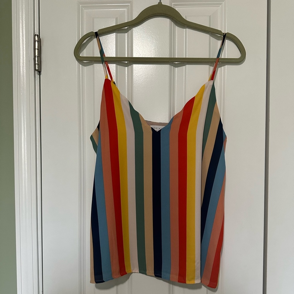 V-necked rainbow-colored spaghetti strapped tank